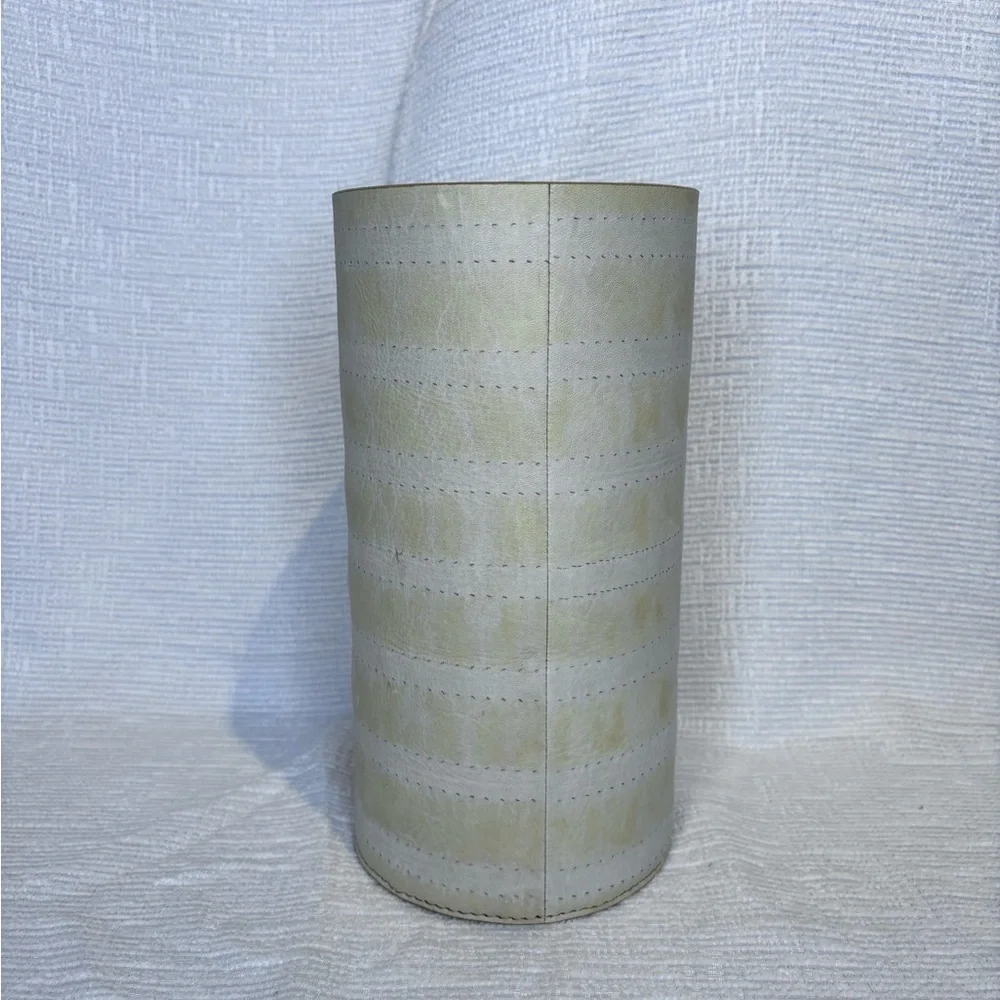 Anthropologie Cream Leather-Stitched Cylinder Vase